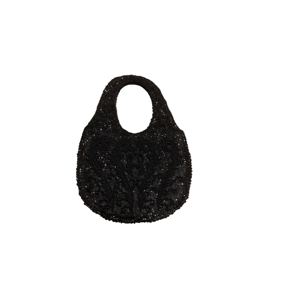 Walborg Vintage Hand Beaded Sequin Black Evening Bag Hobo Mini Purse Hong Kong - Picture 2 of 7